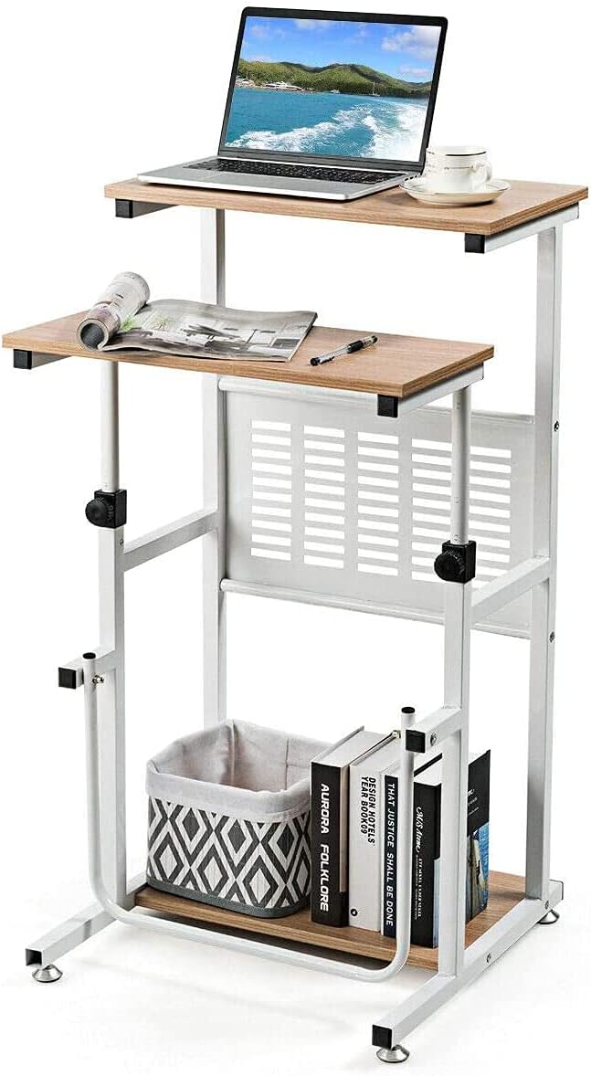Goplus Topment Height Adjustable Standing Desk, Home Office Writing Workstation with U-Shaped Footrest, Sturdy Steel Frame, Adjustable Pads, Space-Saving Sit Stand Laptop Table with Storage