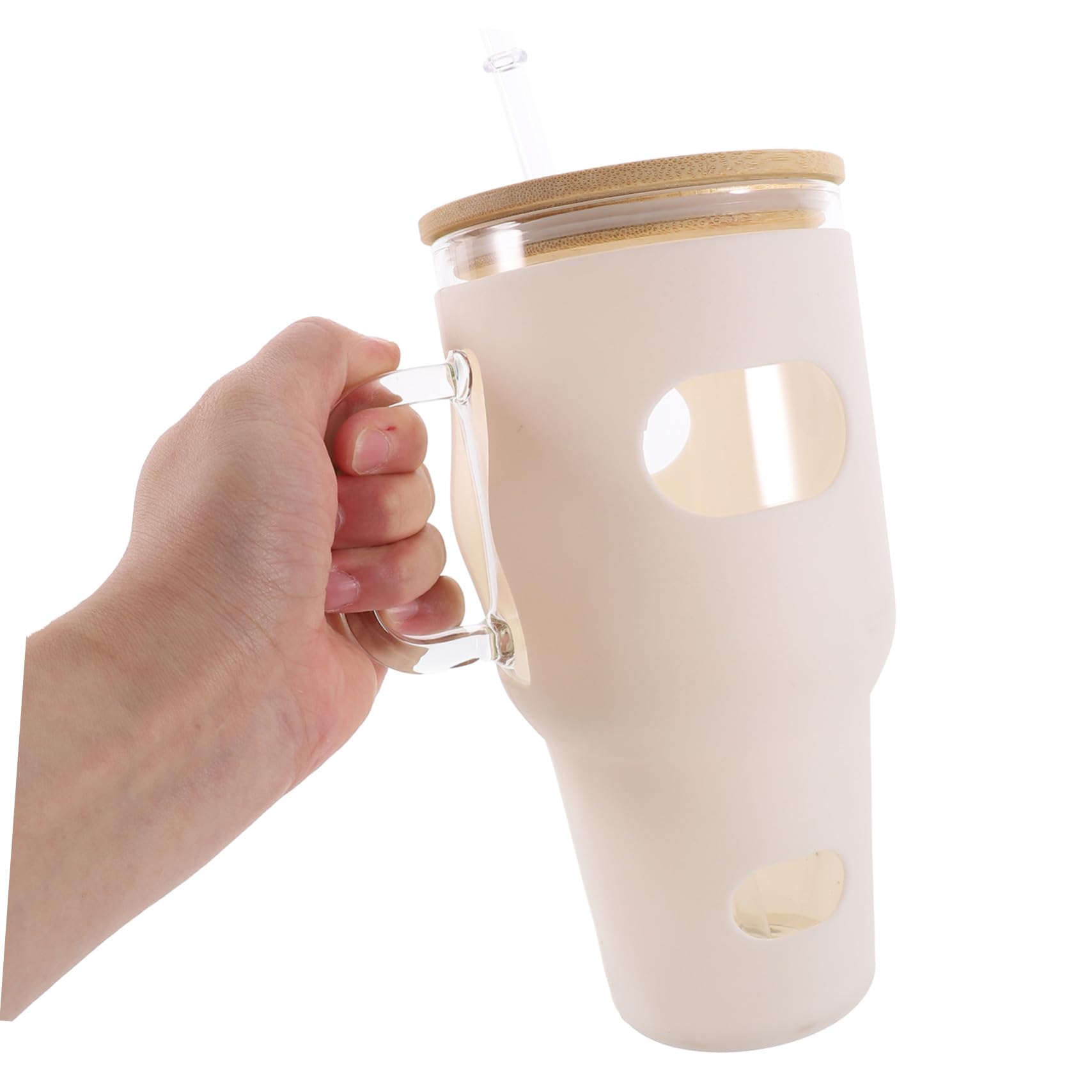 Glasbecher 32oz mit Strohhalm und Deckel, Weiß, Tragbar