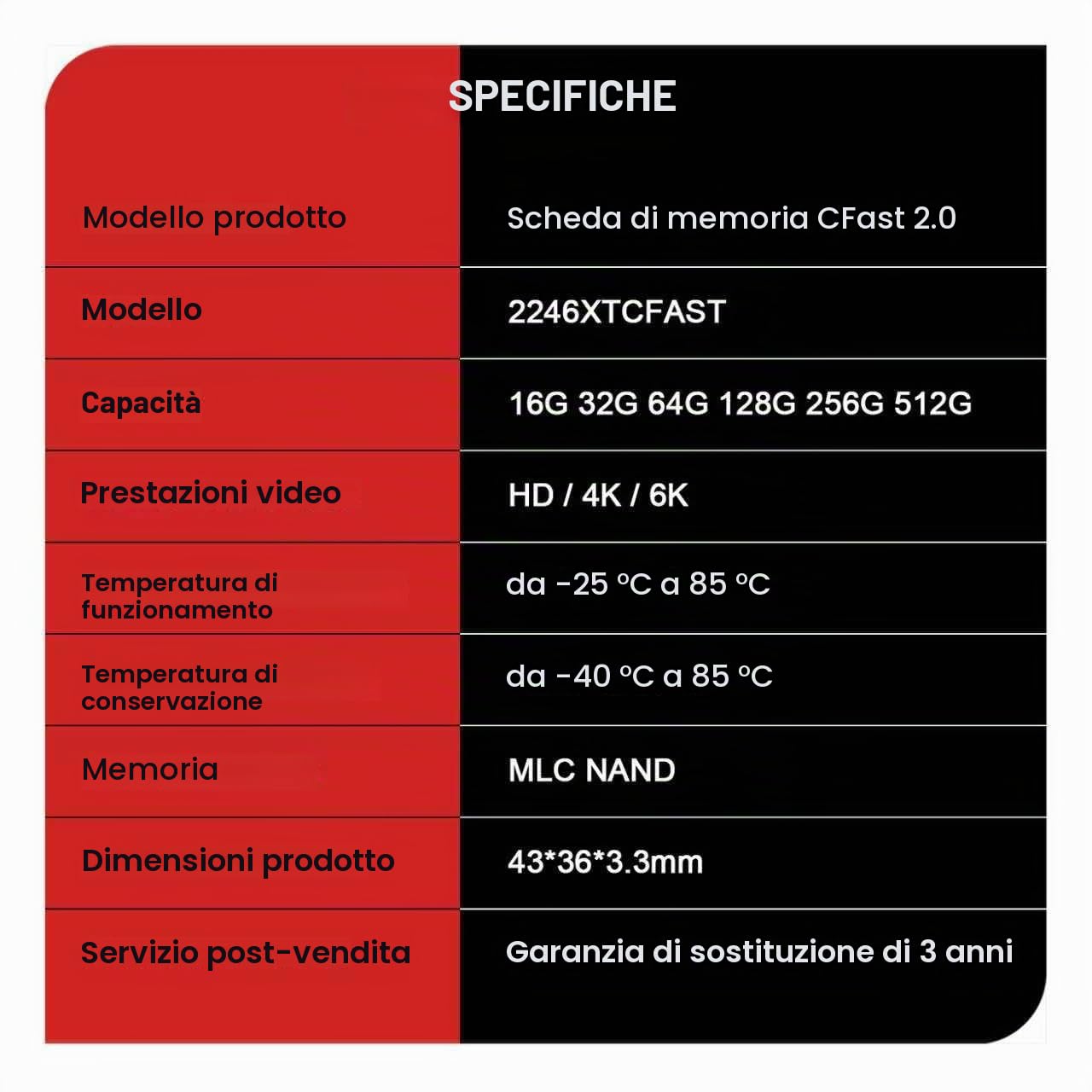 CFast 2.0 128GB Scheda di memoria CF card ad alta velocità GBper video 4 K registrazione HD compatibile con fotocamere professionali