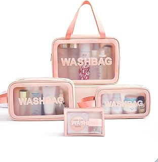 شنطة مستحضرات تجميل للسفر من ميدينغشاي شفافة بلاستيك بي في سي خامة مقاومة للماء للرجال والنساء والاطفال والعائلة مقاس S M L 4 قطع زهري