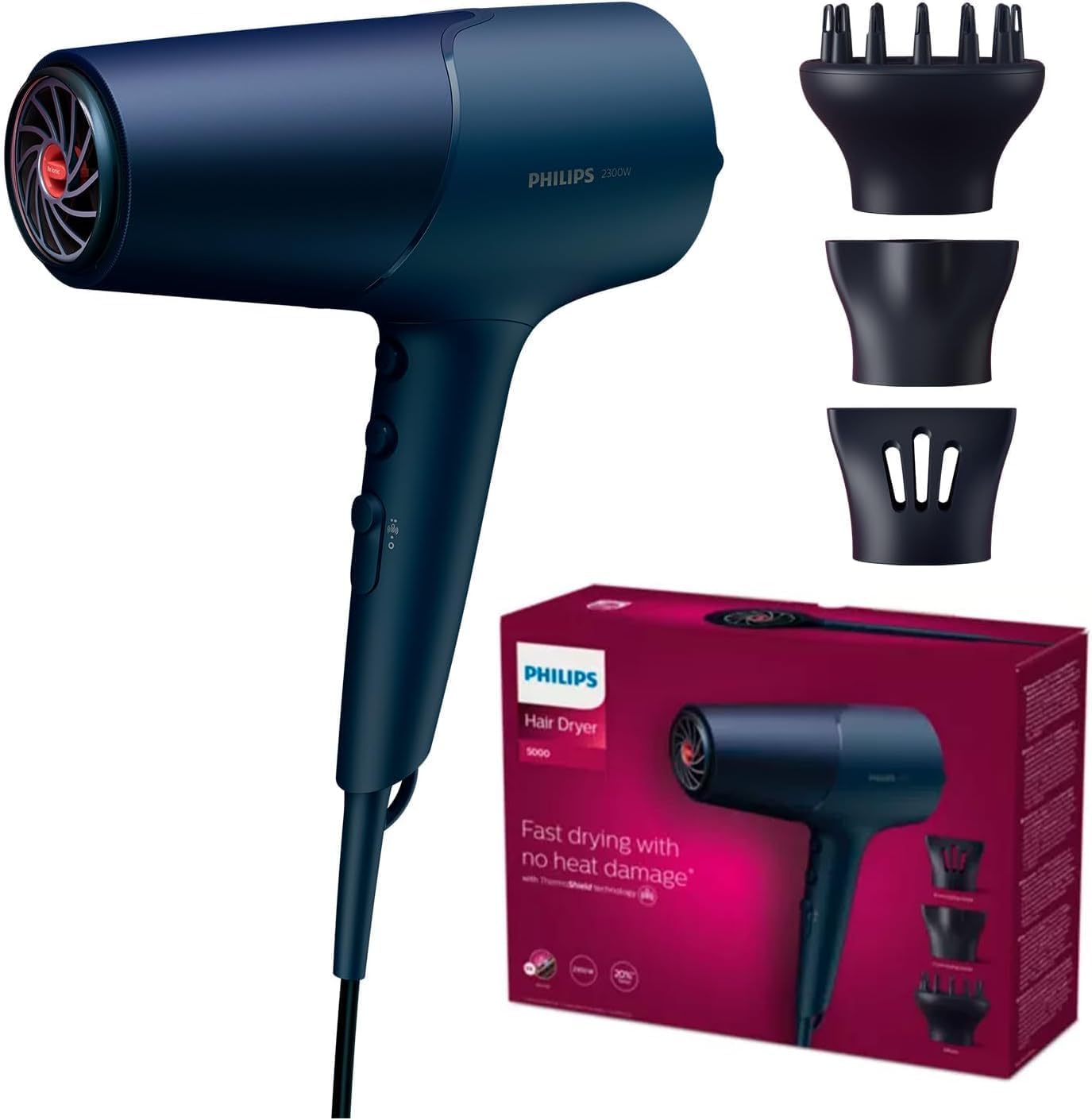 Philips-föhn 5000-serie, ThermoShield-technologie, Ionic Care, 2300 W, metallic blauw, met stylingmondstuk van 9 mm en 11 mm, volumediffuser, BHD510/20