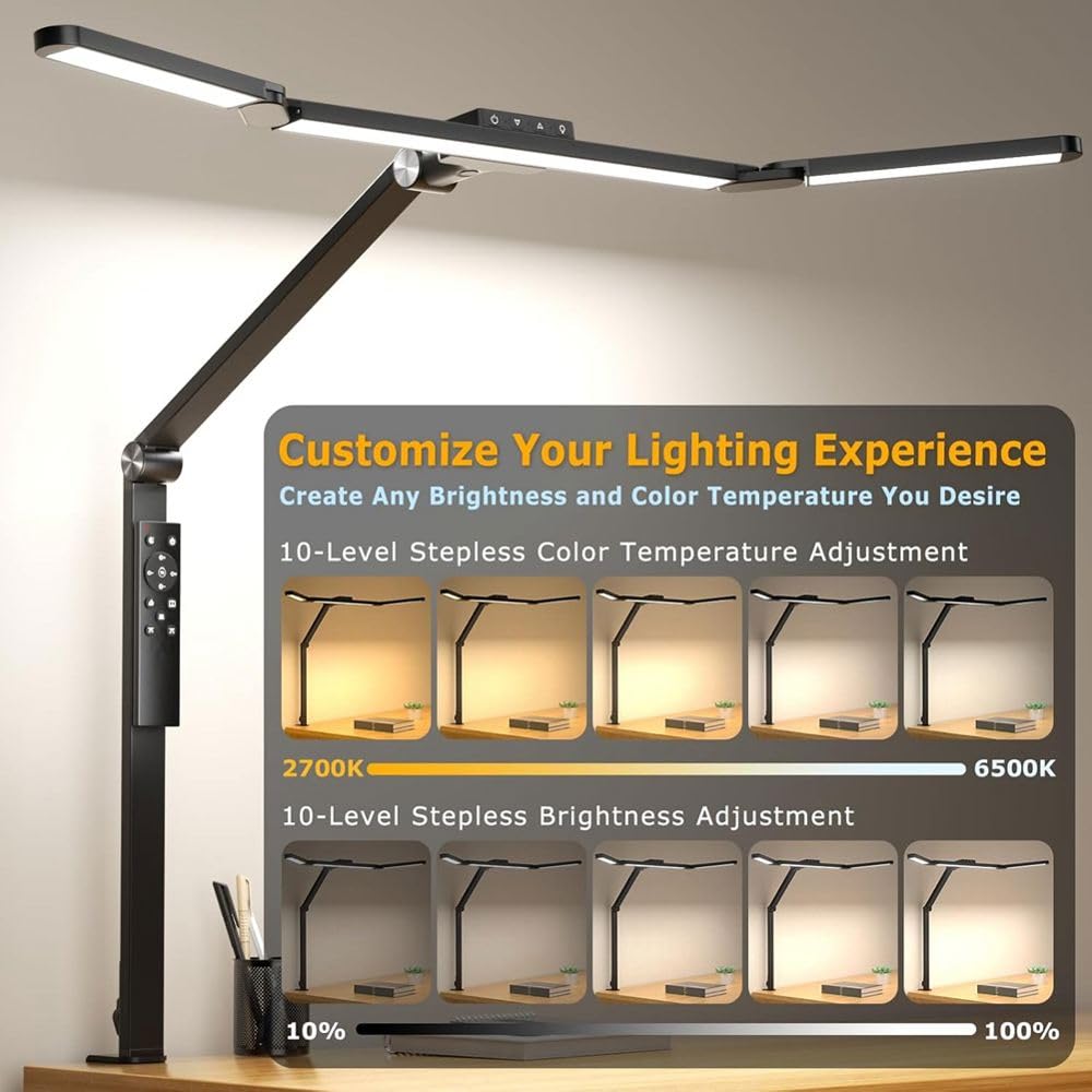 LED-Schreibtischlampe mit Klemme, Architekten-Schreibtischlampe mit Fernbedienung, 24 W Ultrahelle Schreibtischleuchte mit Stufenloser Dimmfunktion, EU-Stecker