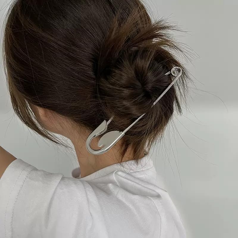 Image of Oversized Safety Pin Hair Clip, Silver, Bun Holder, Minimalist Style, Korean Aesthetic