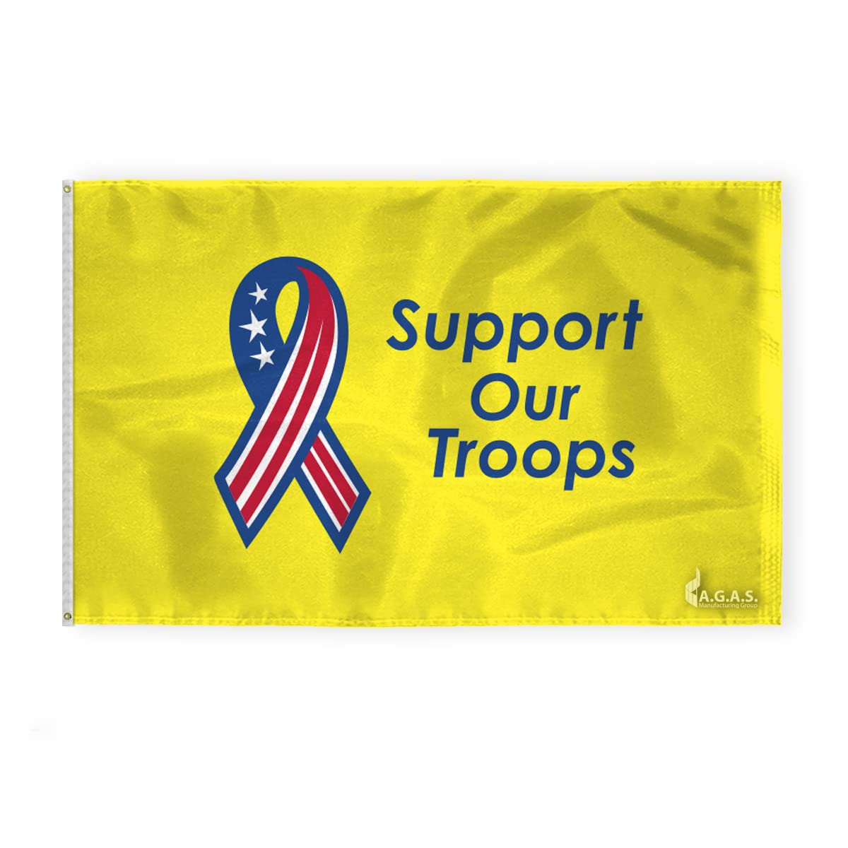 AGAS Support our Troops Flag - 5x8 Ft - Printed Single Sided 200D Nylon Canvas Header Two Brass Grommets Indoor/Outdoor Yellow Ribbon Flag.