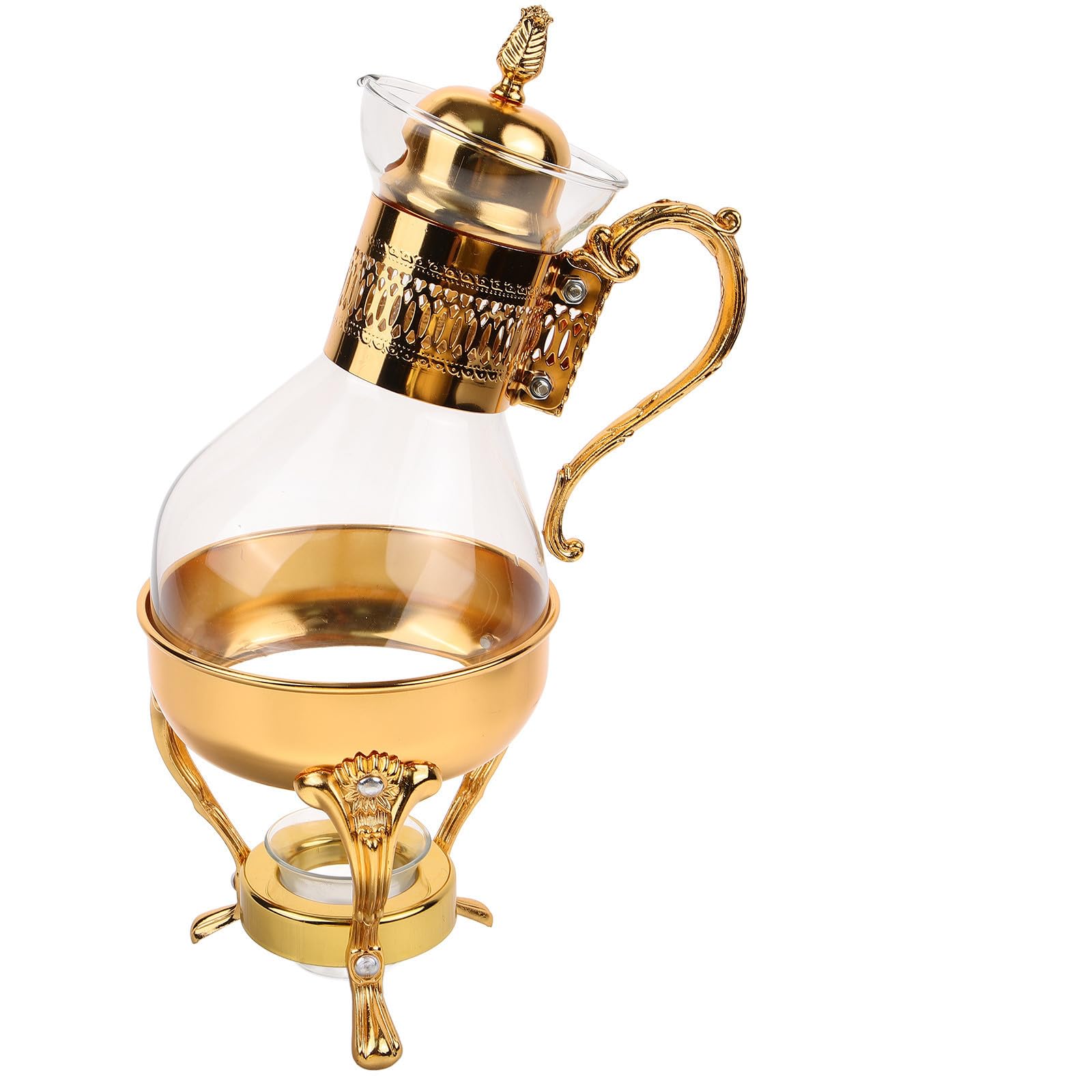 CLISPEED Arabische Teekanne aus Glas Kaffee Servierset mit Tassen und Tablett aus Glas und Aluminiumlegierung Goldfarben Beheizbar für Zuhause und Hotel Vintage Stil