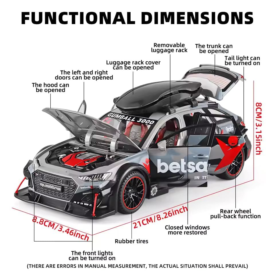 Image of 1:24 Audi RS6 Modified Diecast Metal Pull Back Car with 6 Openable Doors with Sound and Light Toy Decoration car Best Gift Toys for Kids 【Colors as Per Stock】