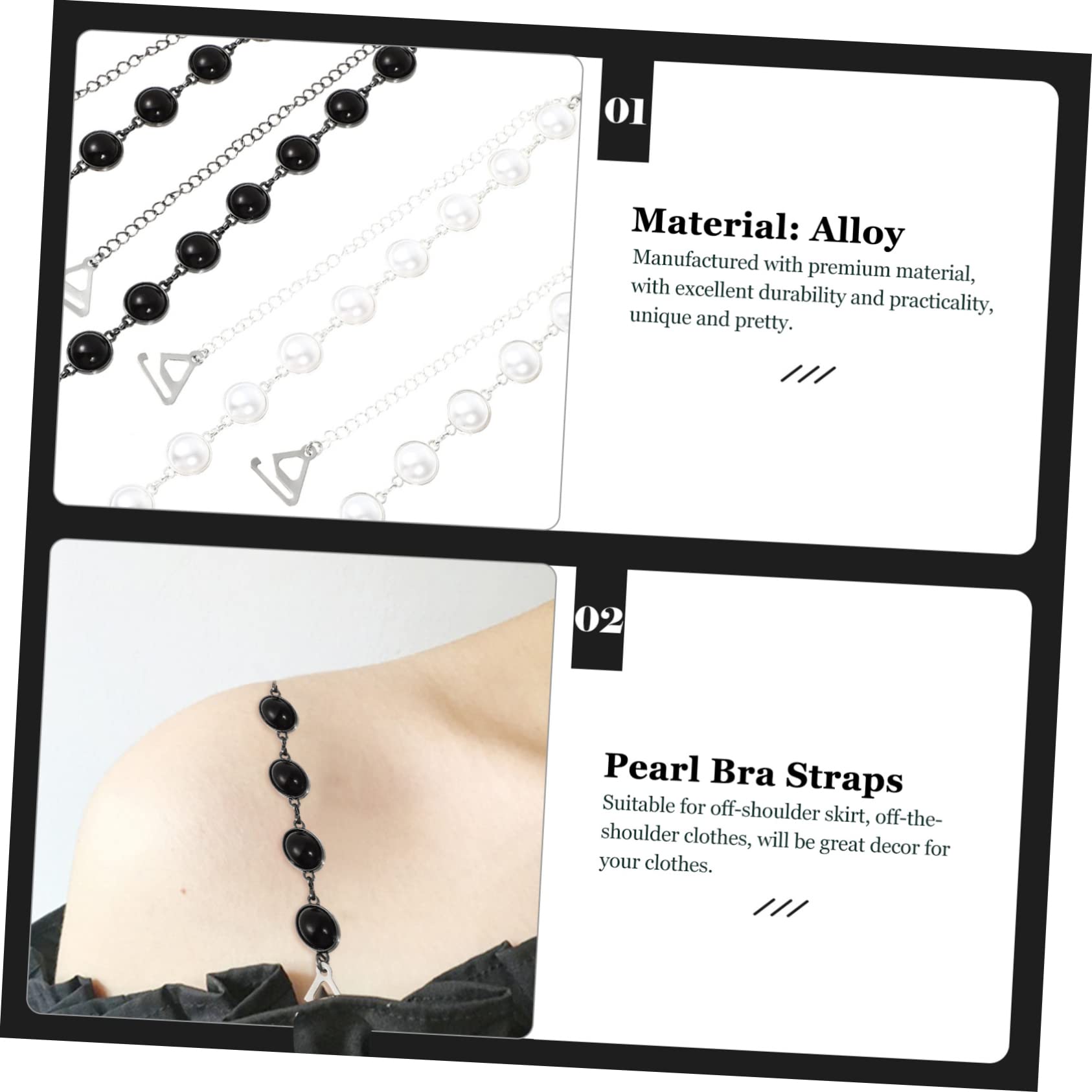 VANZACK Tirantes de Sujetador 2 Pares Perlas Ajustables Antideslizantes Diseño Elegante (negro y Blanco), Accesorios Decorativos para Mujer, Reemplazo para Lencería y Vestidos