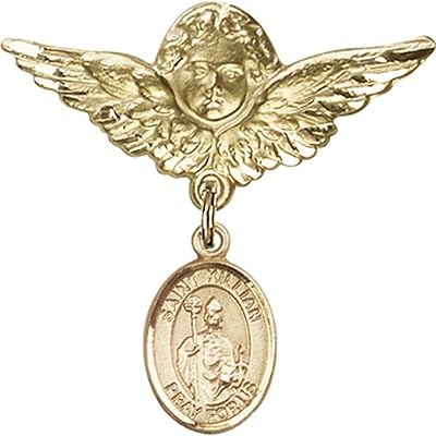 14kt Yellow Gold Baby Badge with St. Kilian Charm and Angel w/Wings Badge Pin 1 1/8 X 1 1/8 inches