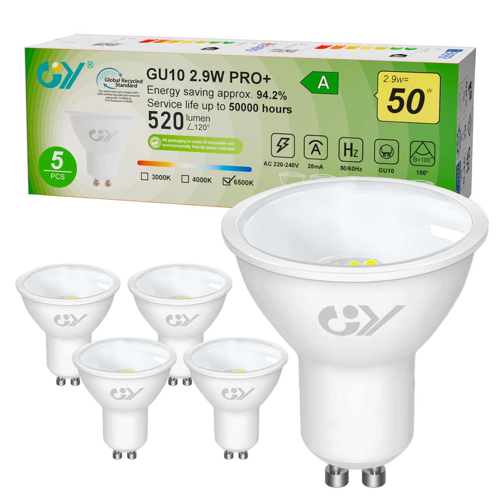 GY GY GU10 2.9W Class A Ultra Energy Efficient LED Bulb 6500K Cool White,520LM Energy Saving Equivalent 50W,110 ° Light Angle,Non-Dimmable,Pack of 5