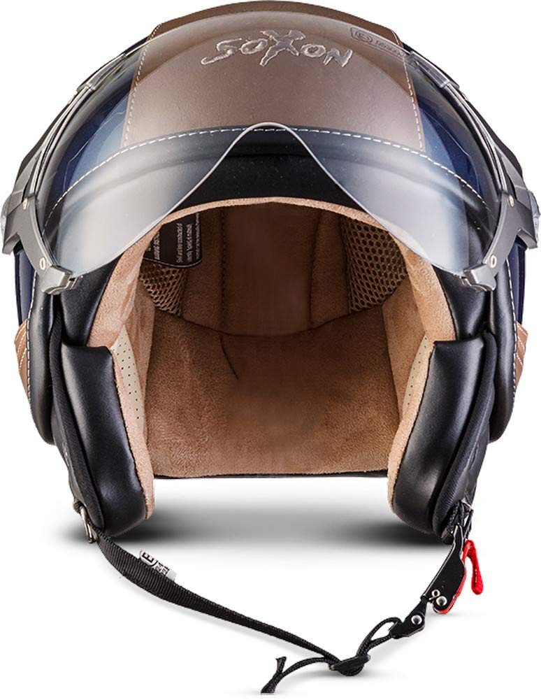 Soxon® SP-325 Urban „Blue“ · Jet-Helm · Motorrad-Helm Roller-Helm Scooter-Helm Moped Mofa-Helm Chopper Retro Vespa Vintage Pilot · ECE 22.05 Visier Leather-Design Schnellverschluss Tasche XS (53-54cm)