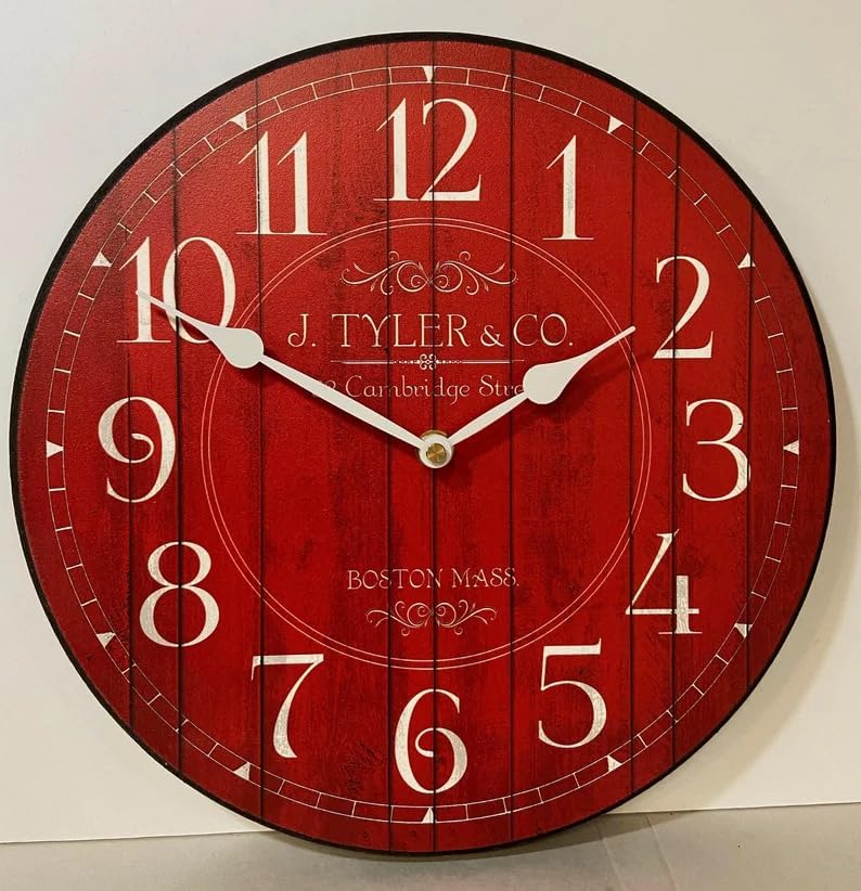 Miniatura 1 de Reloj de pared rojo Harbor, mecanismo de cuarzo ultra silencioso, hecho a mano en Estados Unidos, hermoso color nítido y duradero, viene en 8