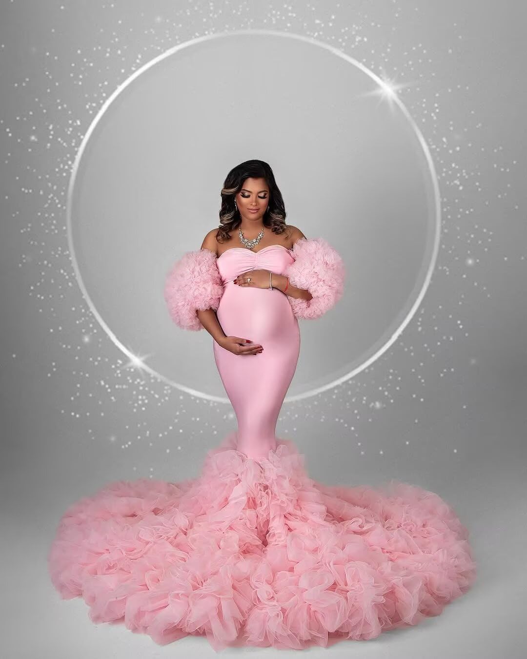 Off Shoulder Tulle Maternity Dress for Photoshoot Mermaid Baby Shower Dress Sweetheart Ruffles Pregnancy Gowns - Image 4