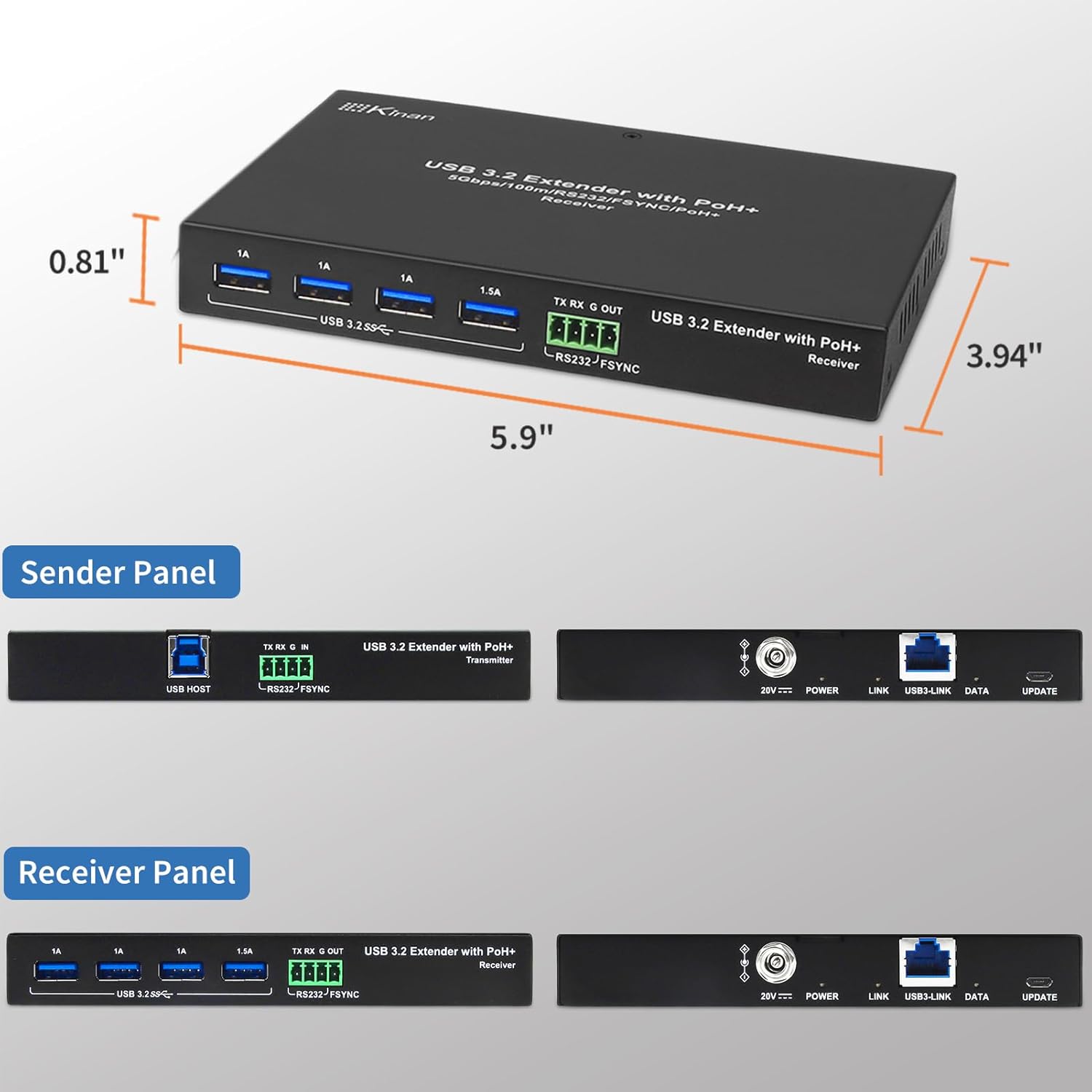 Kinan USB 3.2 Extender via Cat6a/Cat7 330FT 100m, Only One Power Supply Required, 4 Port USB 3.2, RS232 FSYNC USB 3.0 Extender, Keyboard Mouse USB Over Ethernet, Plug and Play, A Pair, New Version