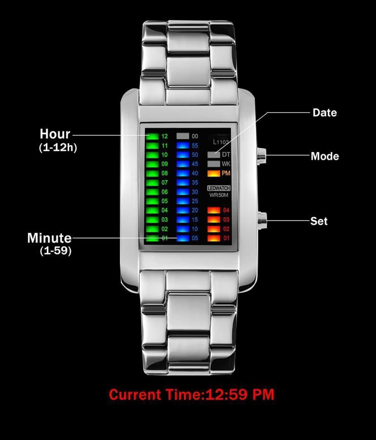 FANMIS Lovers Watch Waterproof Men Women Steel Red Binary Luminous LED Electronic Display Date Sport Watches (Silver Men B)