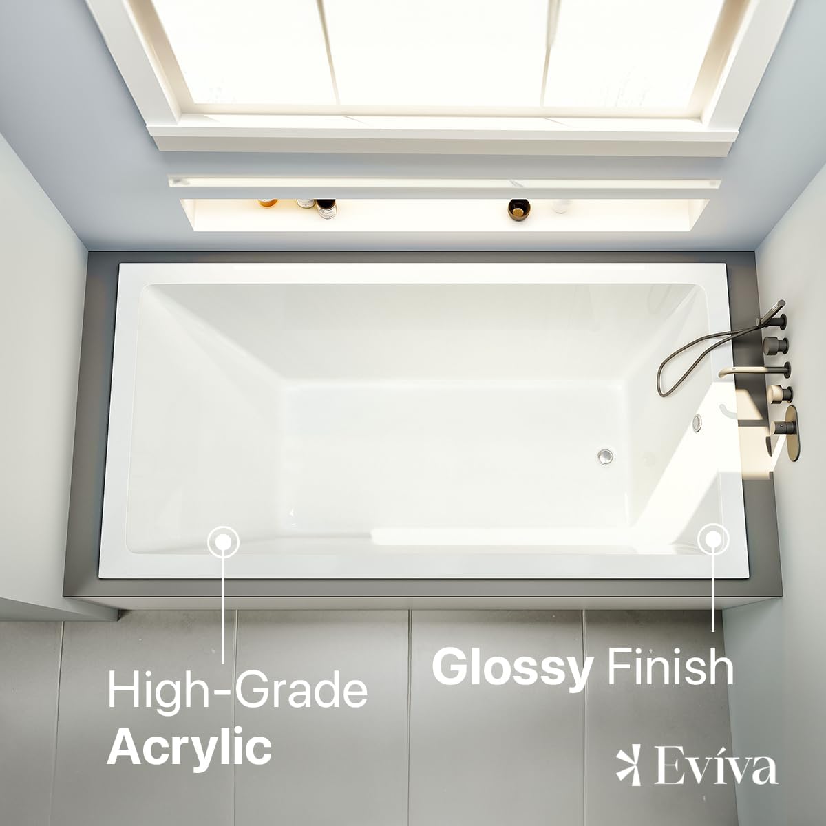 Eviva Teddy 59-Inch Acrylic Bathtub Non-Slip Deep Soaking Bathtub 61-Gallon Drop-In Modern Soaker Deep Rectangular Bath Tub in Glossy White