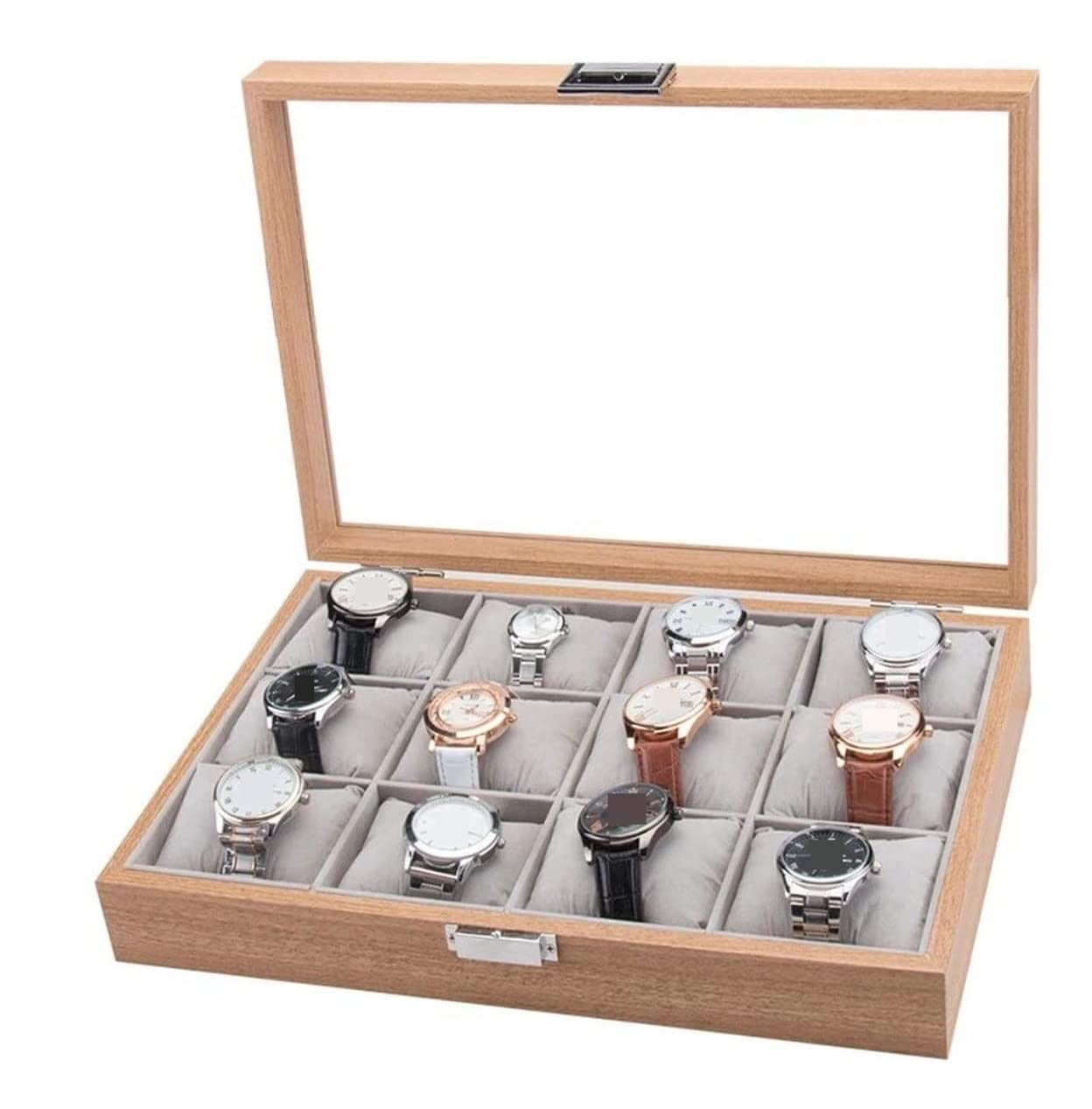 Estuche Relojes Organizador De Almacenamiento Exhibición Relojes Caja Reloj Lujo Simple con 12 Ranuras Madera Moderna Parte Superior Transparente Organizador