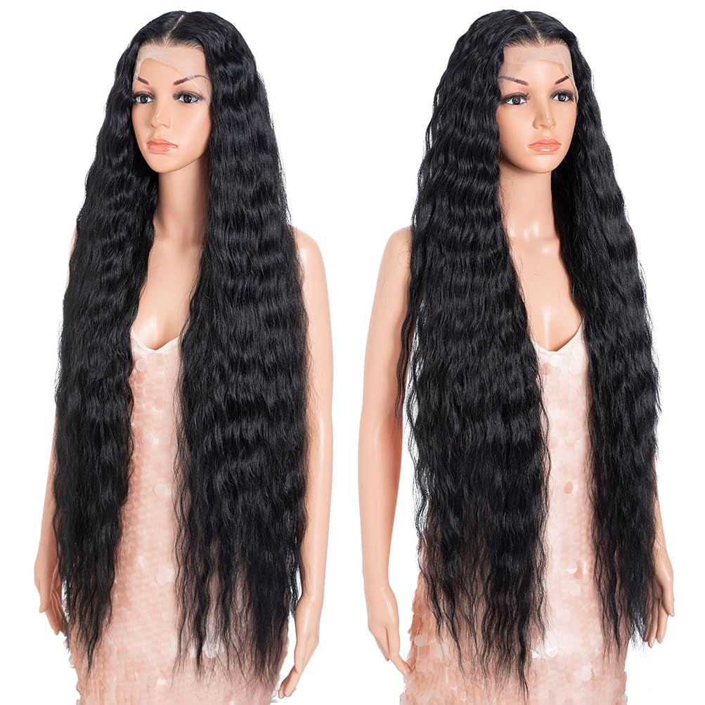 Style Icon 41" Super Long Wavy Wig 13x4 Free Part Bohemian Lace Front Black Color Wig- Heat Friendly Synthetic Hair Wigs with Pre Plucked Hairline