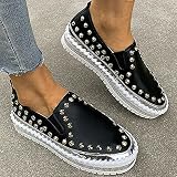 TOWELL Womens Slip on Studded Pumps Loafers Plimsolls Casual Flat Sneakers Shoes (Black,7)