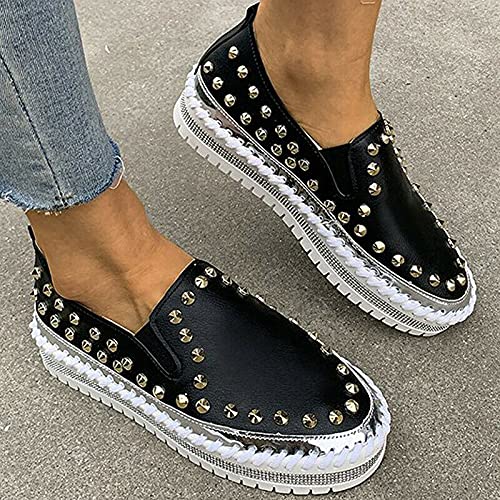 TOWELL Womens Slip on Studded Pumps Loafers Plimsolls Casual Flat Sneakers Shoes (Black,10)
