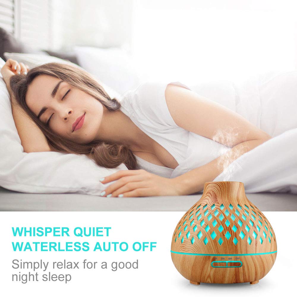 Aroma Diffuser 400ML, Ultraschall Aromatherapie Diffusor, Luftbefeuchter mit Fernbedienung, Automatische Abschaltung bei Wasserlosem Zustand mit 7 Arten LED Lichtfarben für Zuhause Büro Yoga