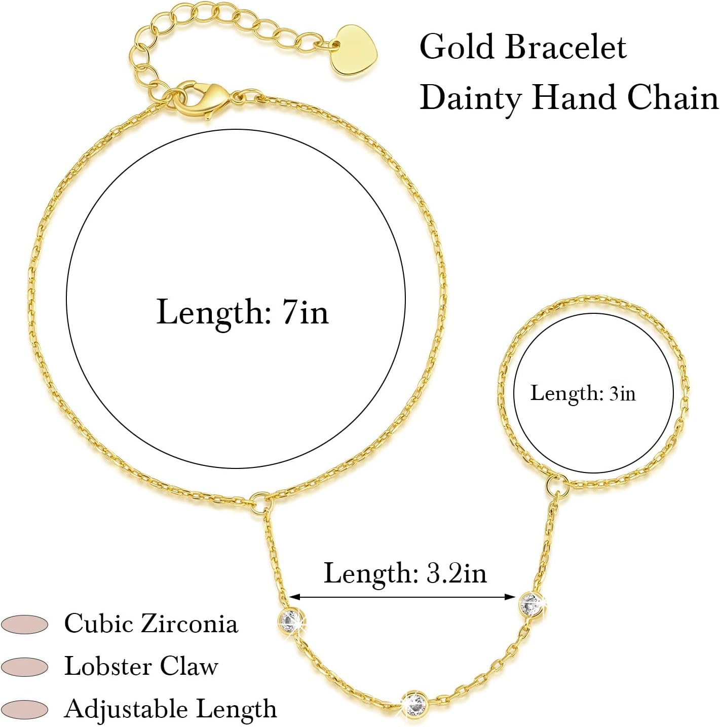 Gold Bracelets for Women 14K Gold Bracelet for Women Hand Chain Bracelet for Womens Trendy with Cubic Zirconia and Brilliant with Extender Rings Bracelet Hand Chain for Womens - Image 2