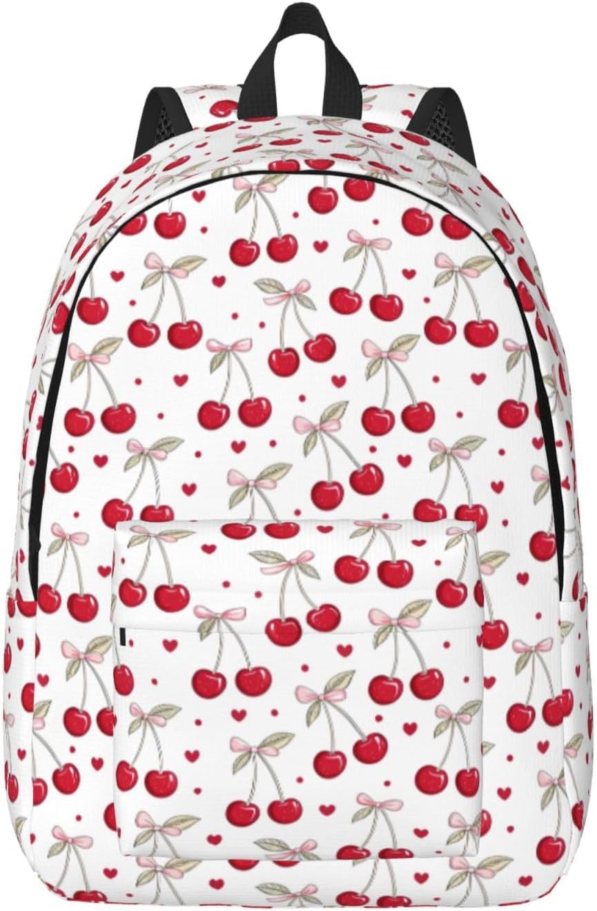Cute Print Cherry Backpack For Girls Boys Women School Bag Lightweight Canvas Bookbag For Travel Outdoor Camping (Cherry backpack white)