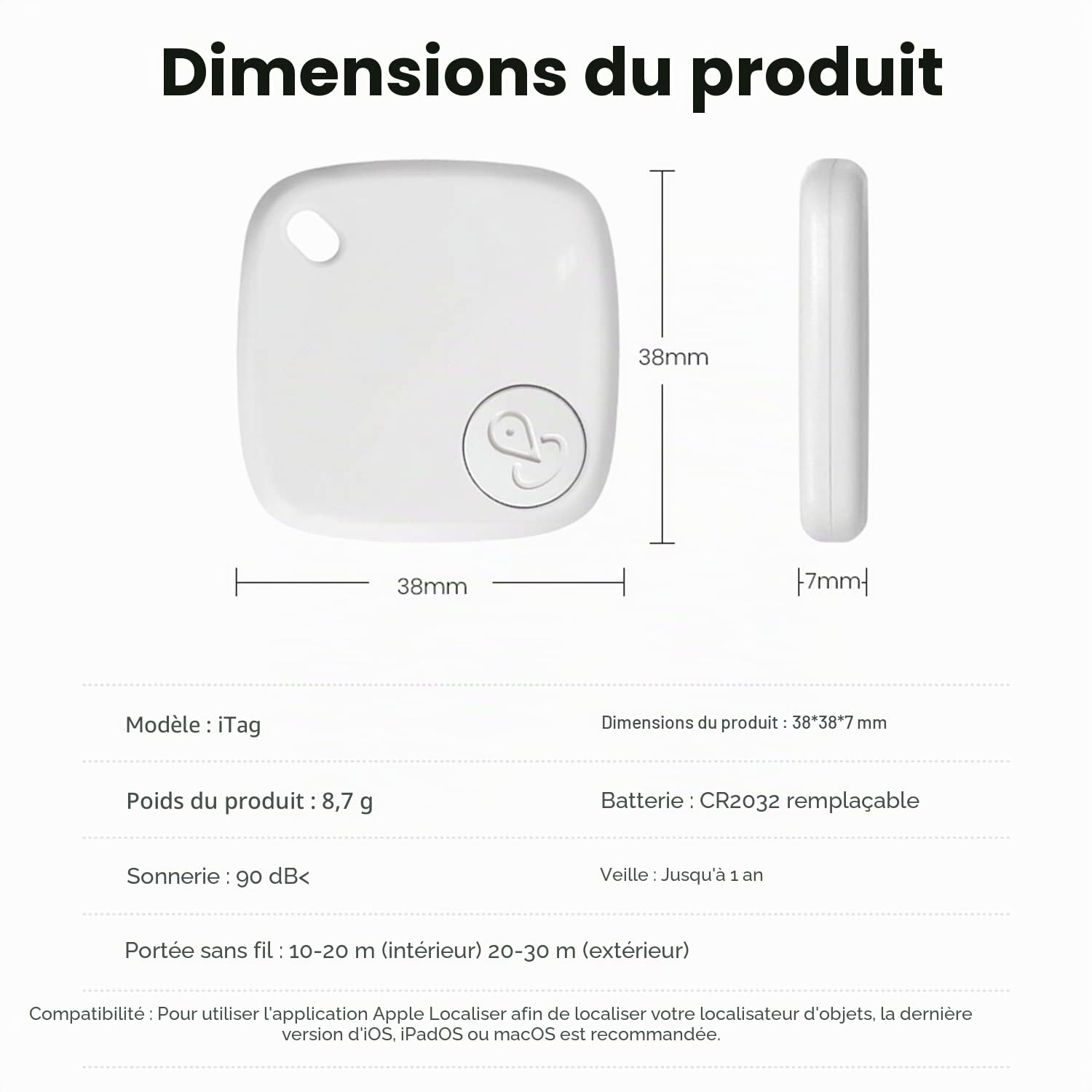 Tracker Bluetooth et localisateur d'articles : localisateur de clés, étiquette intelligente fonctionne avec Apple Find My (compatible uniquement avec iOS) - Batterie remplaçable de 1 an - Tracker