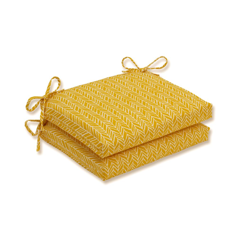 Pillow Perfect Outdoor/Indoor Herringbone Egg Yolk Square Corner Seat Cushions, 18.5" x 16", Yellow, 2 Count