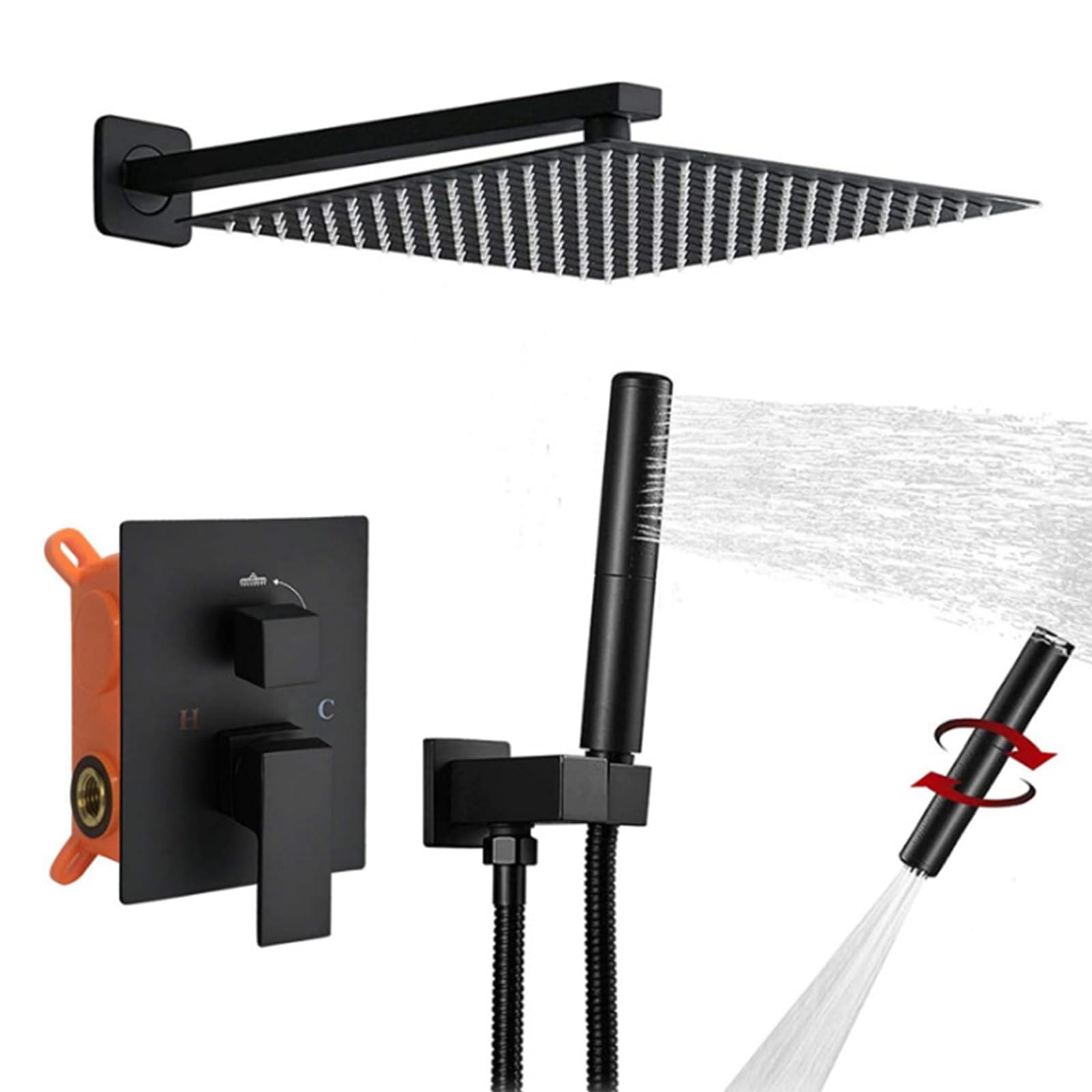 OMIRA Shower System with 12 Inch Rain Shower Head and Handheld Wall Mounted, High Pressure Rainfall Shower Faucet Fixture Combo Set with 2 in 1 Handheld Showerhead for Bathroom, Matte Black