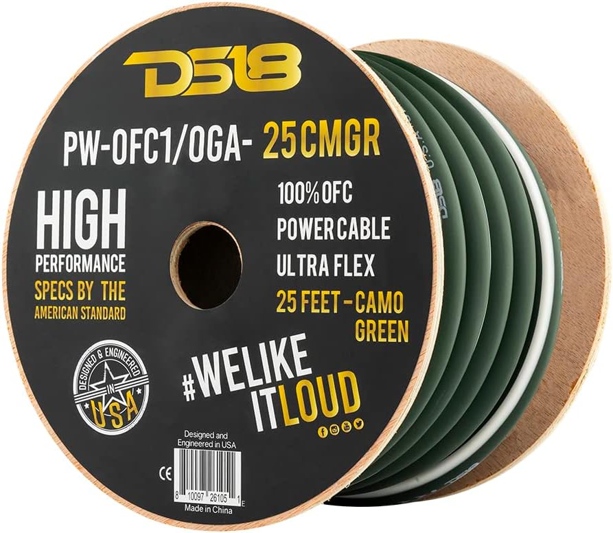 DS18 PW-OFC1/0GA-25CMGR 1/0 Gauge Car Audio Power Ground Cable 25 Feet Camo Green Ultra Flex 100% Oxygen Free Copper - Welding Battery Cable Wire, RV Automotive Wiring, Car Amp Audio