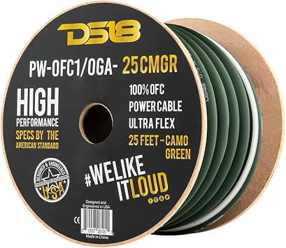 DS18 PW-OFC1/0GA-25CMGR 1/0 Gauge Car Audio Power Ground Cable 25 Feet Camo Green Ultra Flex 100% Oxygen Free Copper - Welding Battery Cable Wire, RV Automotive Wiring, Car Amp Audio