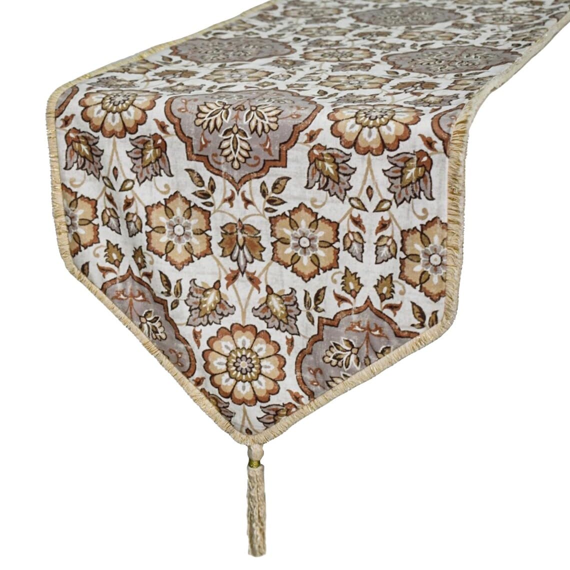 Christmas Table Decor Beige 8 Seater Table Runner (40 x 270 cm) Printed, Tassels, Velvet Table Decor, Floral Art Deco Table Runner for Holiday, Party, Dining, Christmas Hosting, Gifts - Cider Florals