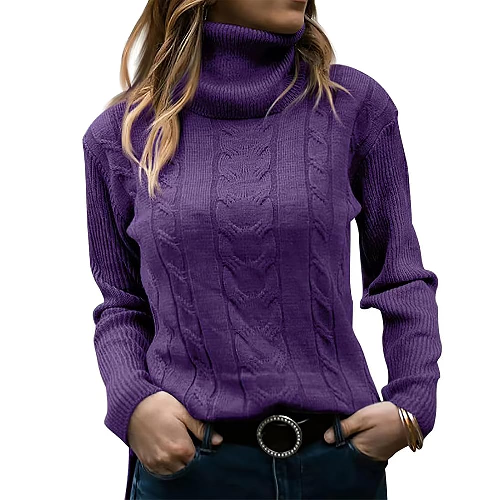 Womens Turtleneck Long Sleeve Tunic Sweater Casual Loose Oversized Cable Knit Winter Warm Sweaters Tops