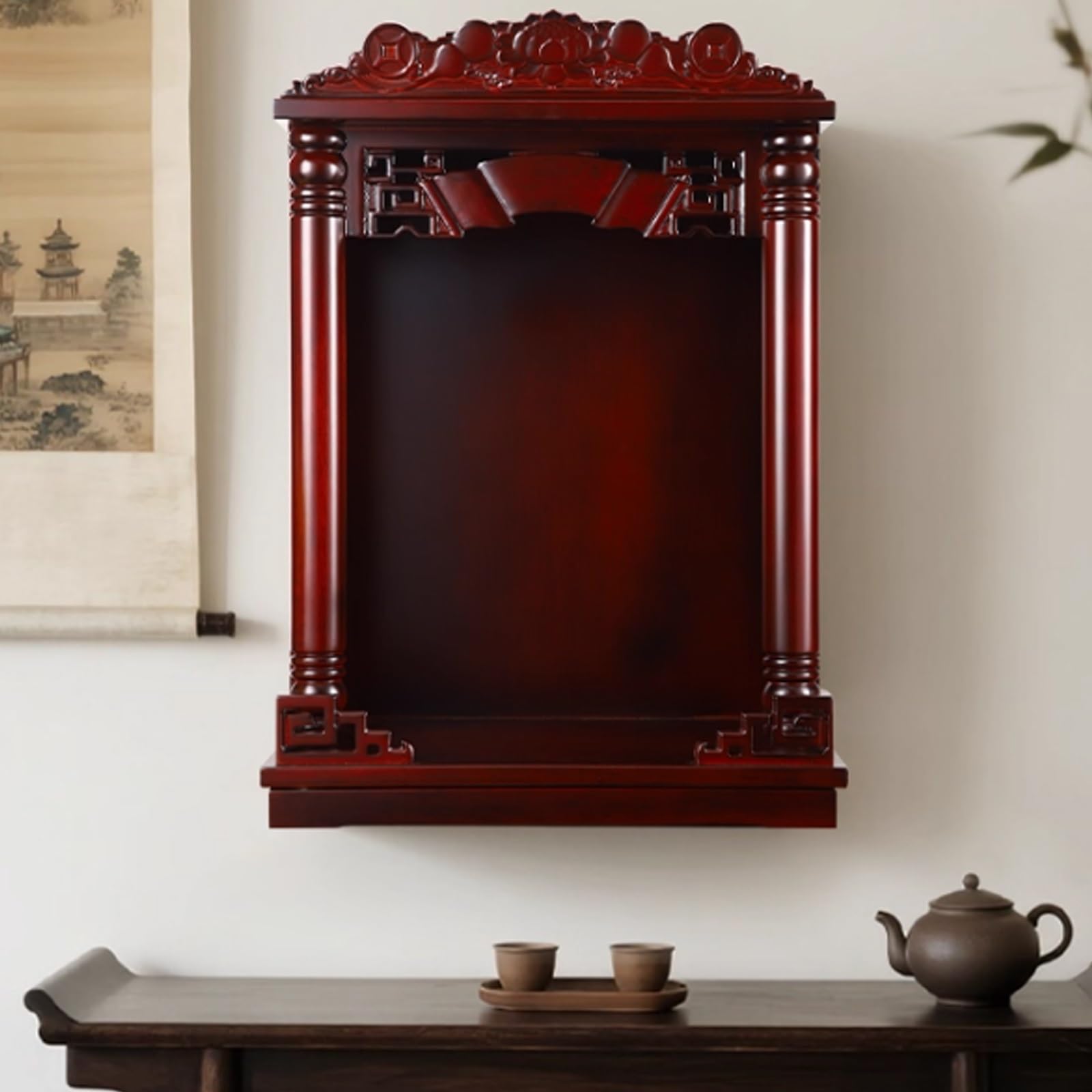 Altare Ofrenda Box, Tempio in Legno da Parete, Vetrina in Legno Massello per Oggetti da Collezione, Contenitore Decorativo e Esposizione per Buddha(42x28x61cm)