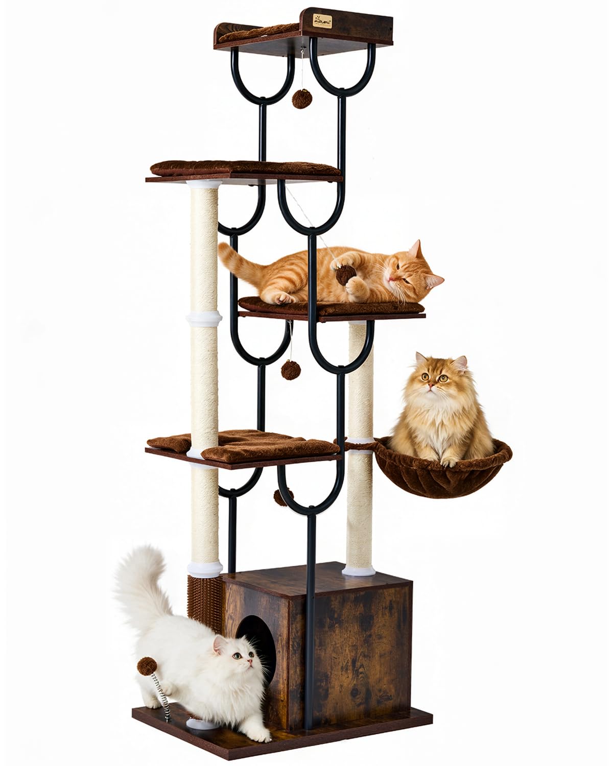 FourFurPets Arbre à Chat Bois 188 cm, Arbre à Chat avec Griffoir et 5 Poteaux Griffoir Chat, Tour Moderne avec Condo, Panier et Peigne de Massage pour Grands Chats, Stable et Design (Marron Rustique)