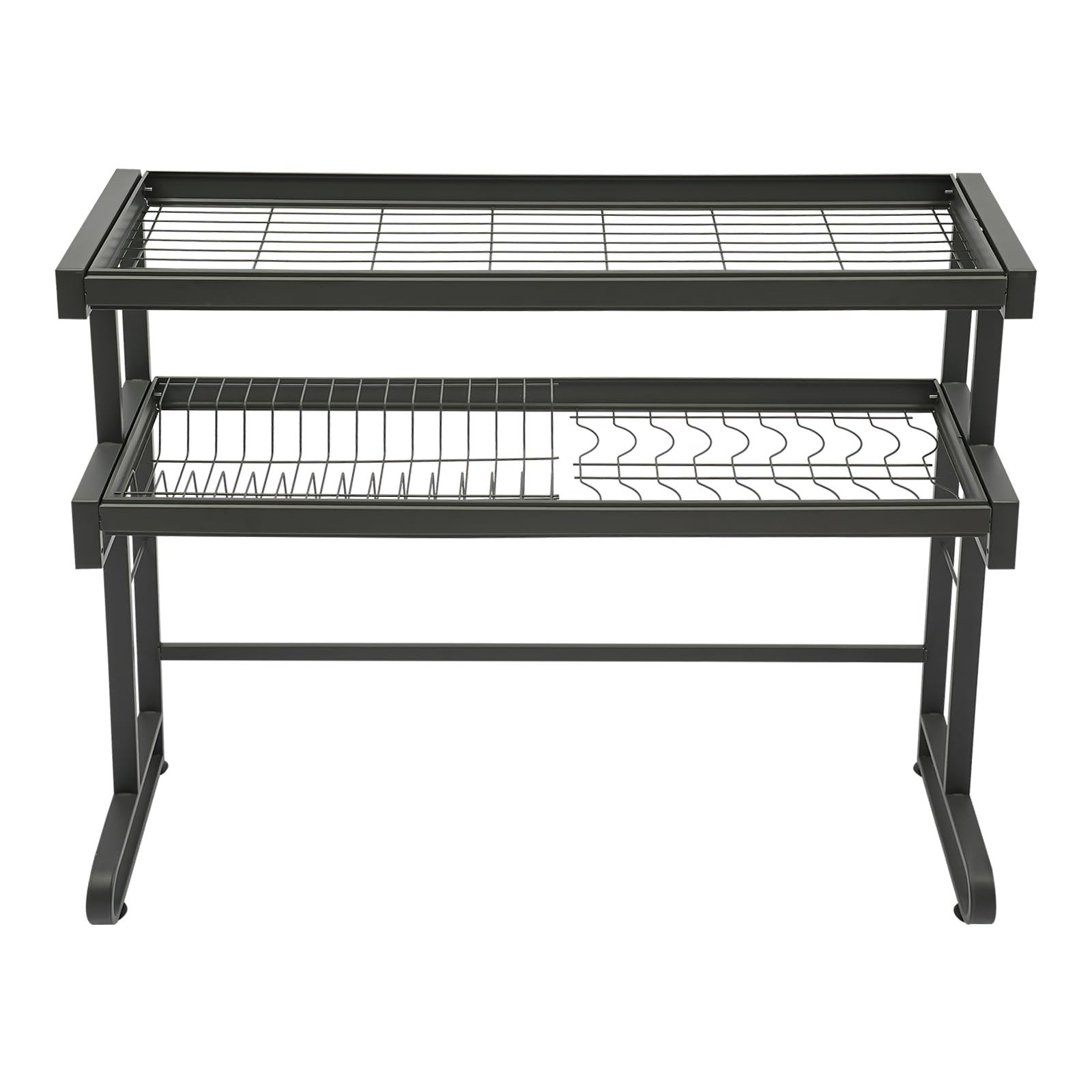 WooDerson Escurreplatos de 2 niveles, con ganchos, 2 niveles, escurreplatos sobre el fregadero, escurreplatos para cubiertos, estante para platos de cocina, color gris