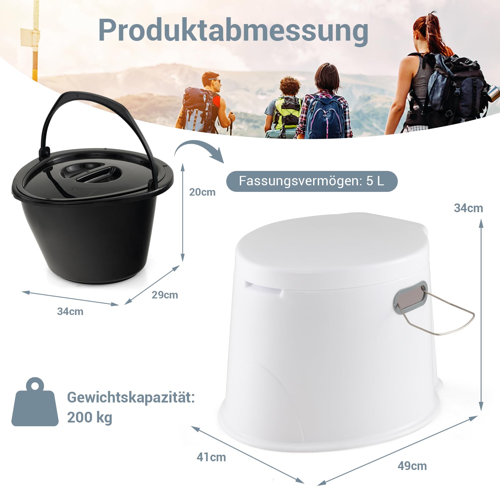 GOPLUS 5 l toaleta kempingowa, przenośna toaleta podróżna z uchwytem na papier toaletowy, toaleta awaryjna, toaleta kompostowa z siedziskiem i pokrywką, ze zdejmowanym wiaderkiem, na podróż, kemping