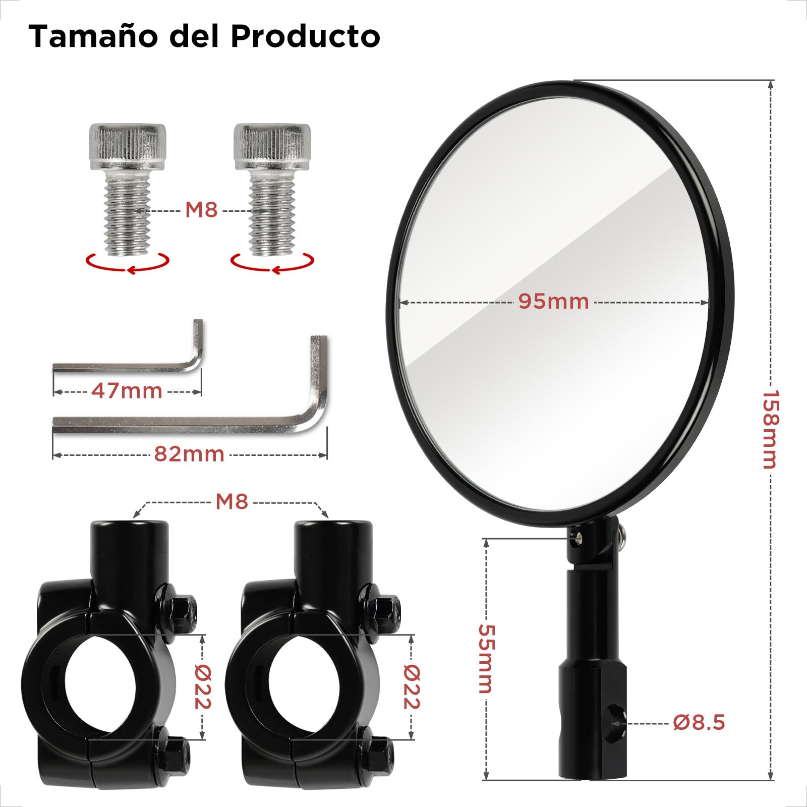Evermotor Espejo de Moto, Homologación E24, Espejos de Manillar de Moto Ajustable 360°, Aluminio, Redondo para Scooters, ATVs, Ciclomotores, 2 piezas