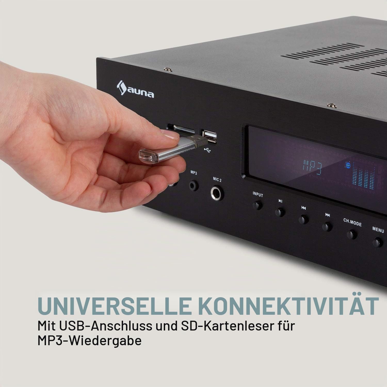 AUNA AMP-H260 5.1 Equalizer-Empfänger, 2 x 100 W + 3 x 20 W RMS, Bluetooth-Funktion, USB-Port, SD-Player, Opt. & Koaxial; Digital-In, 2 x HDMI-In / 1 x HDMI-Out - schwarz