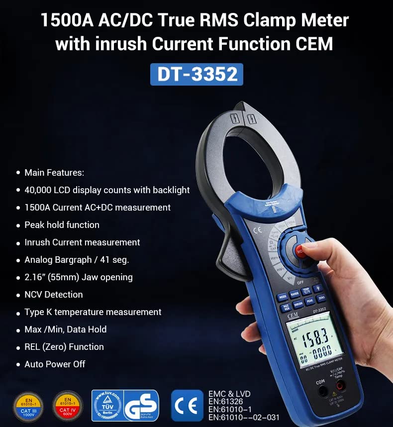 Current clamp Meter CEM DT-3352 40000 Count 1500A AC/DC 900.0kW high Voltage Clamp Meter Multimeter with Inrush Current Function(DT-3352)