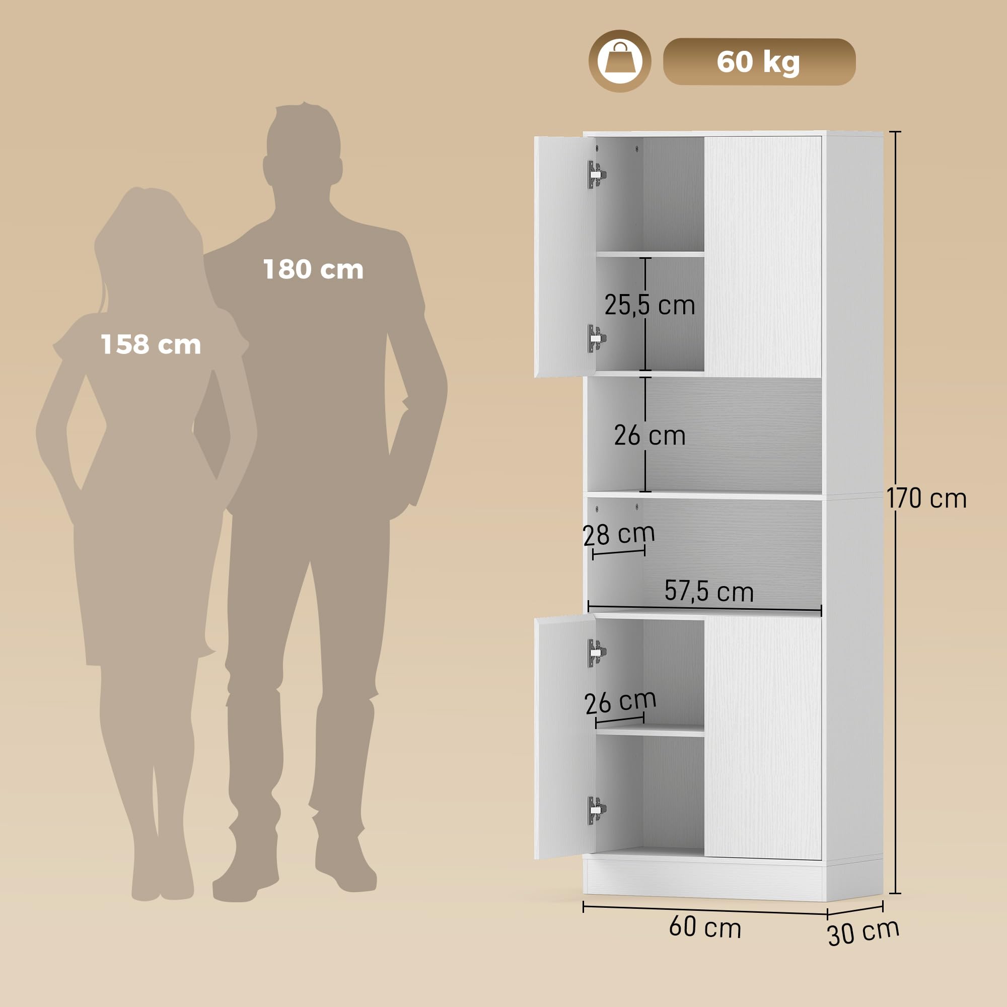HOMCOM Alacena de Cocina Alta 4 Puertas, Cierre Suave 60x30x170 cm Blanco | Mueble Auxiliar de Cocina, Estantes Ajustables, 2 Compartimentos Abiertos, para Comedor, Salón