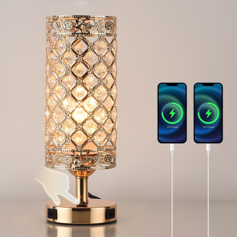 JHYPVII Modern Crystal Table Lamp with Dual USB Charging Port, Gold Bedroom Nightstand Table Lamps with Switch
