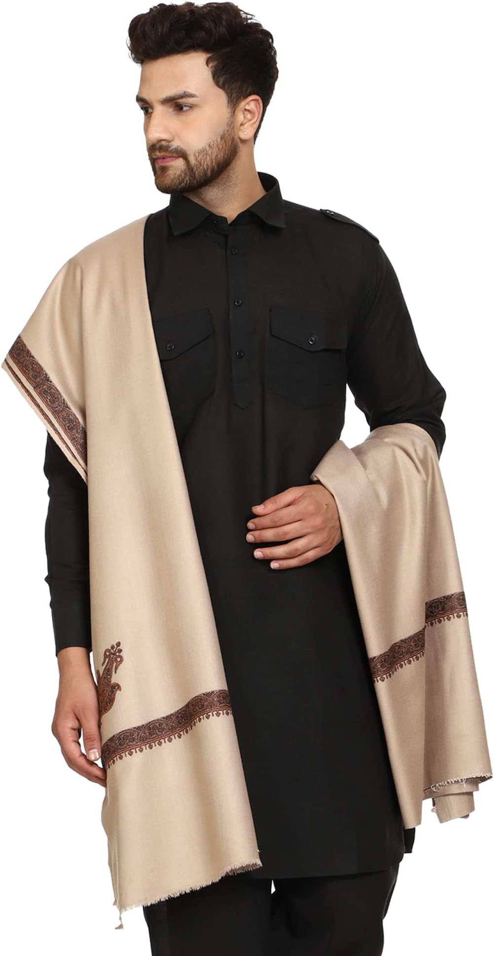 SWI WITH LABEL Men's Kashmiri Embroidered Wool Shawl