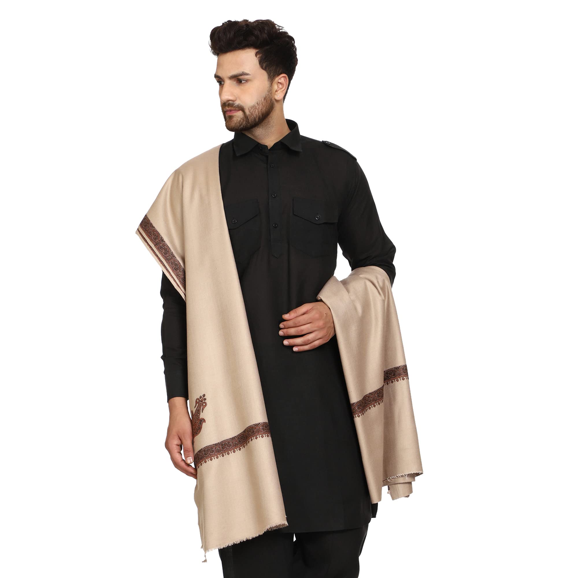 SWI WITH LABEL Men's Kashmiri Embroidered Wool Shawl
