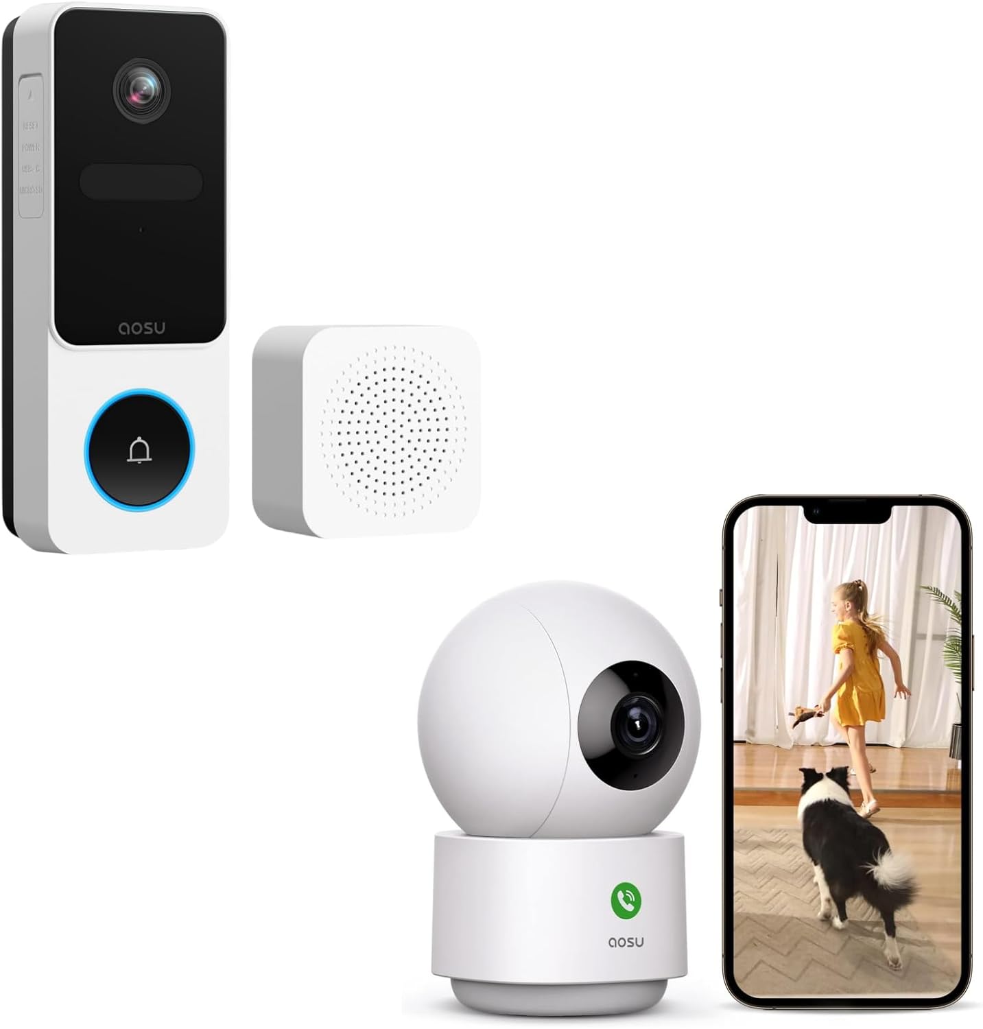 AOSU Doorbell Camera Wireless - Head-to-Toe View, Intelligent Package Detection 2K Security Camera Indoor, Baby Monitor Pet Camera 360-Degree for Home Security