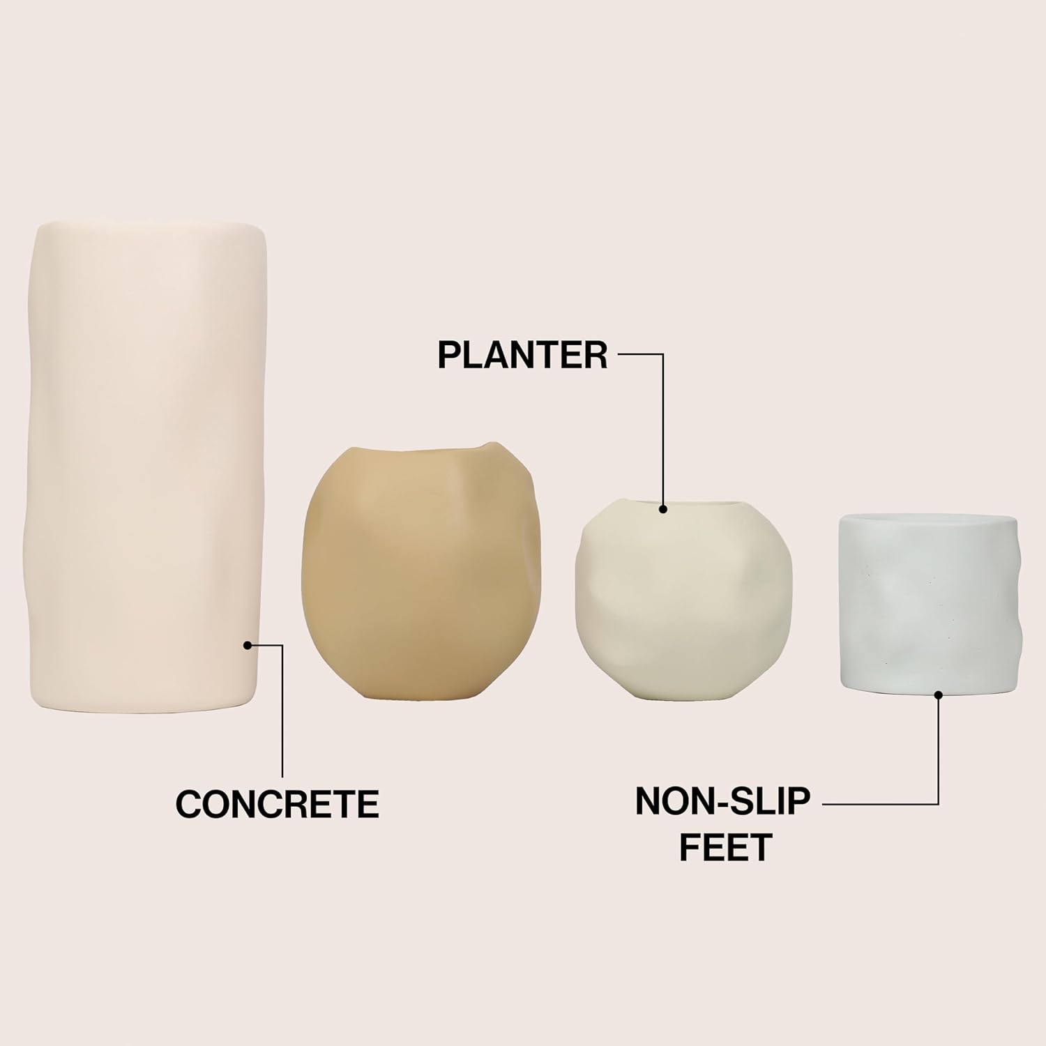 JONATHAN Y Linden Modern Minimalist Handmade Concrete Organic Sculptural Cylinder and Round Planter Set with Drainage Holes, Matte Warm Neutral (Set of 4) (PLN1001A-4SET)