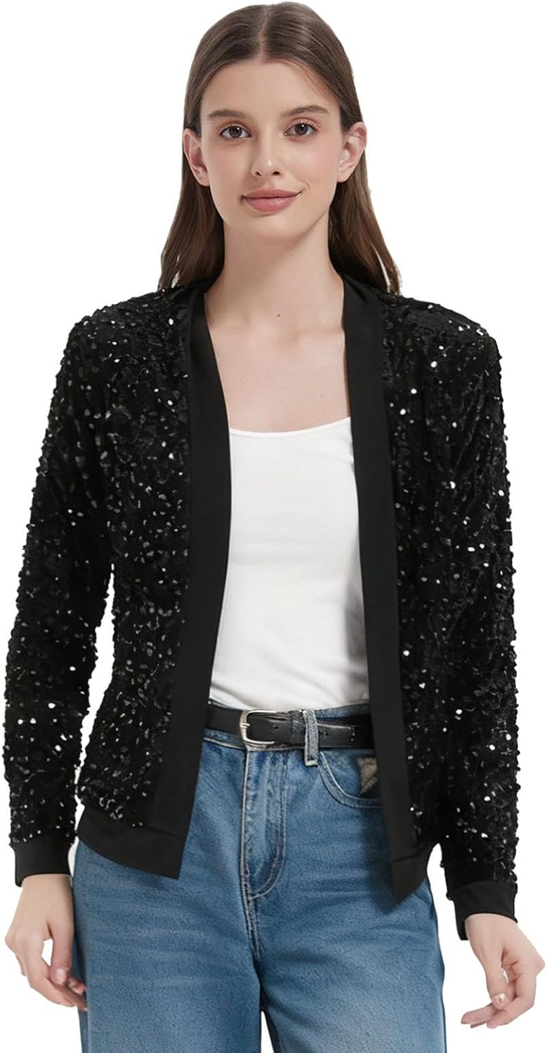 Women's Sparkling Sequin Jacket Sparkly Blazer Open Front Glitter Cardigan Long Sleeve Coat for Casual Party Cocktail