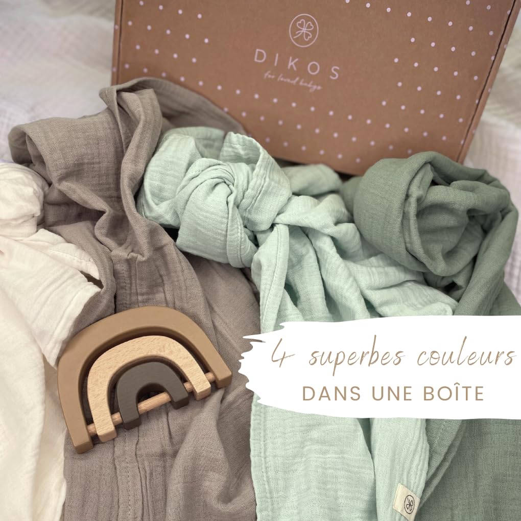 DIKOS® Premium Langes Coton Bébé Menthe Crème | 100% Coton Biologique Certifié GOTS | 64x64cm Set de 4 Pièces | Lange Mousseline Crêpe Bebe doux Garçon et Fille | Cadeau de Naissance Cadeau Nouveau Né