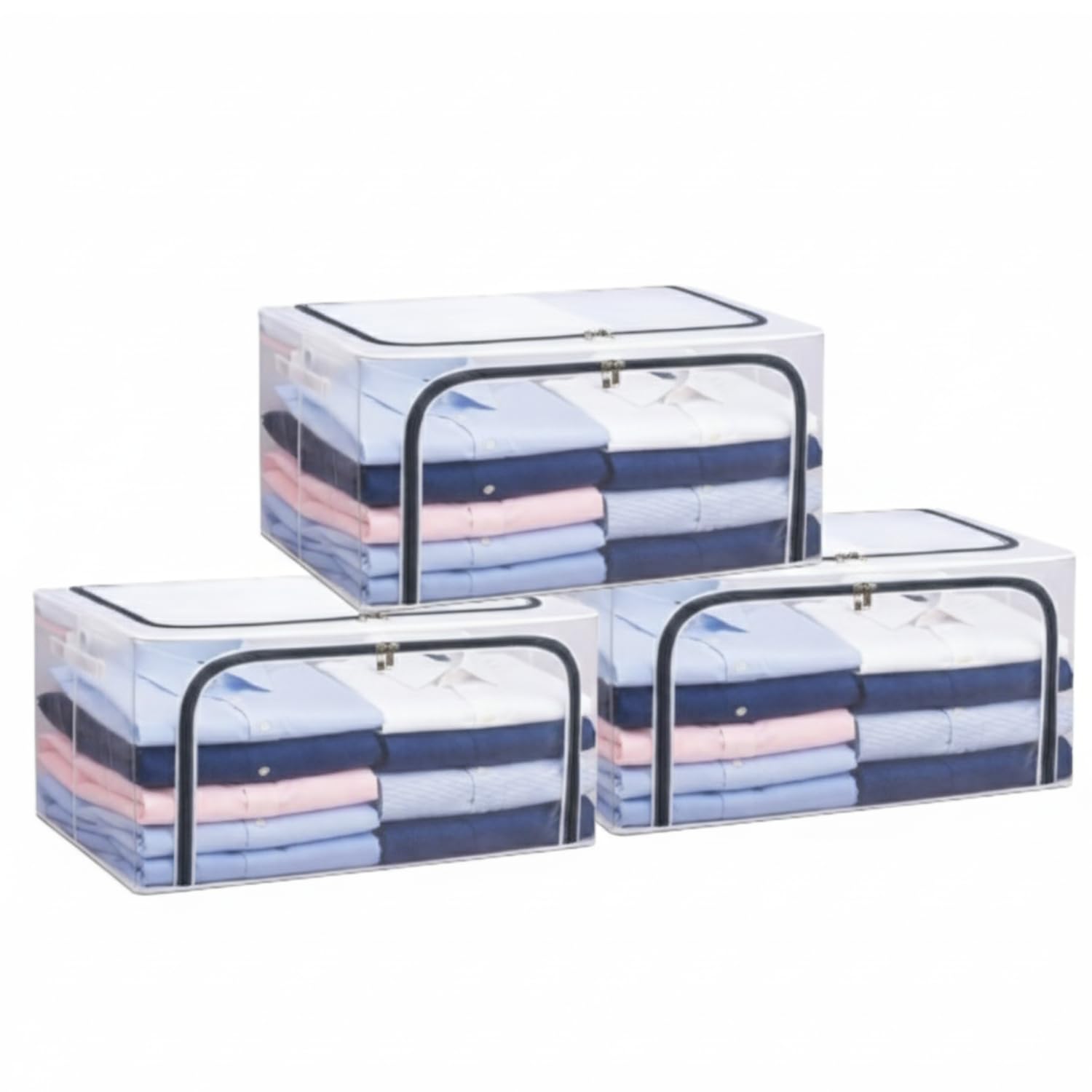 Raggle 3PCS Fully Transparent Openings Clothes Storage Bins with Metal Frame, Stackable & Foldable Storage Box with Lids, Closet Organizers, Cap, Sweater (40L x 30W x 20H) CM. (Transparent, 24L-3)-image-27