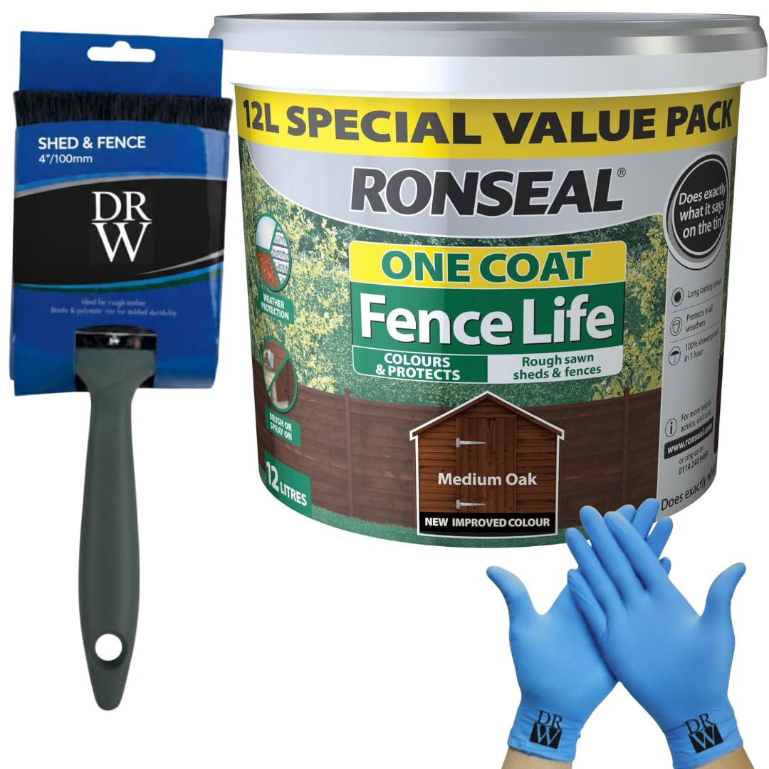 Drw Medium Oak One Coat Shed & Fence Protector 12L + Free 4" Fence Paint Brush & Nitrile Gloves | Long-Lasting Weatherproof Wood Protection | One Coat Formula For Sheds, Fences & Timber
